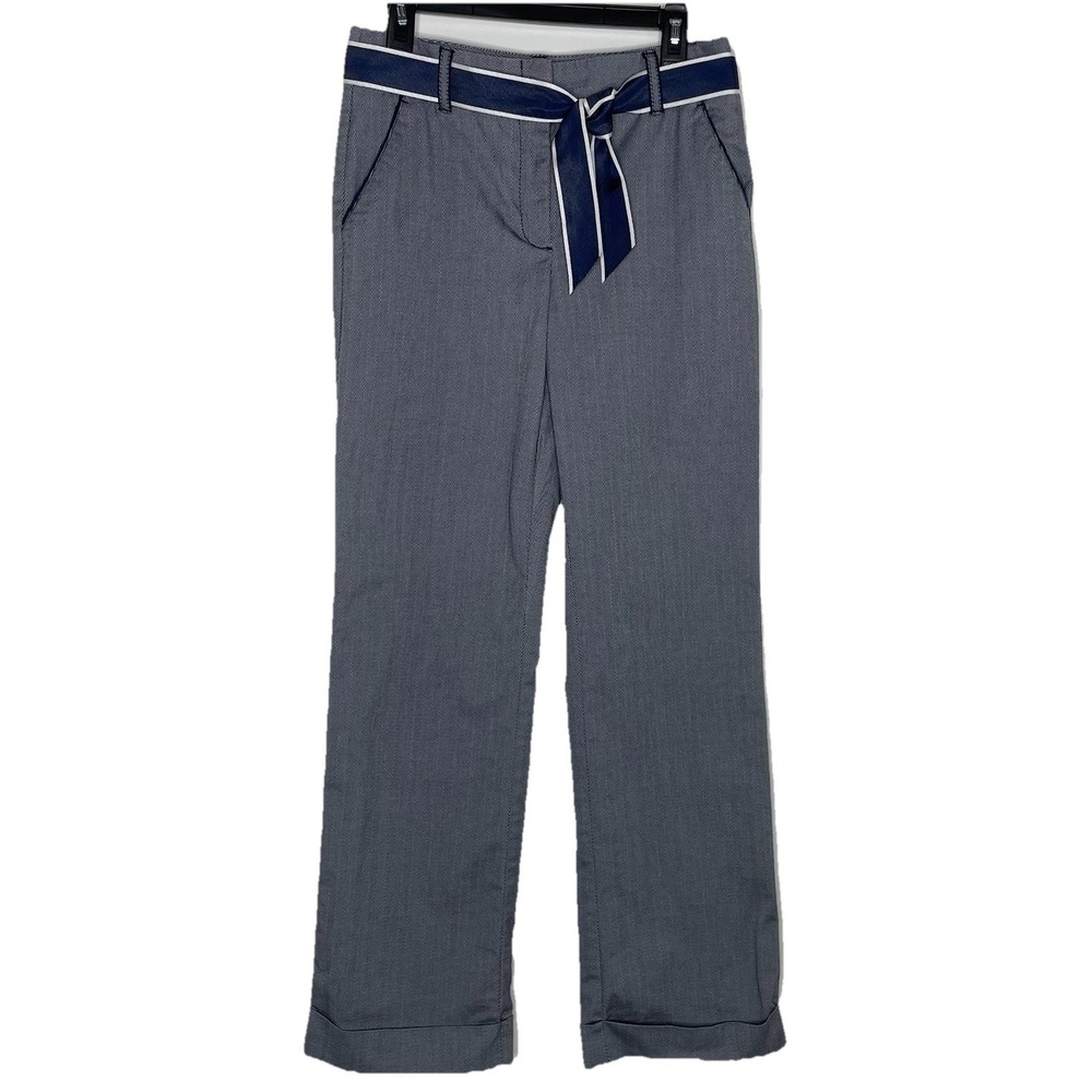 Talbots Womens 6 Cotton Stretch Herringbone Pants Navy White Wide Leg Cuff Belt